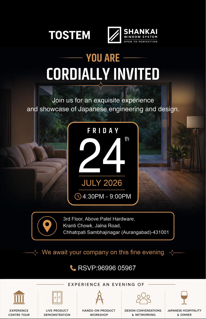 TOSTEM x Shankai Window System — Cordially Invited. Friday 24th July 2026, 4:30 PM to 9:00 PM, 3rd Floor Above Patel Hardware, Kranti Chowk, Jalna Road, Chhatrapati Sambhajinagar (Aurangabad)
